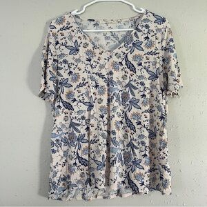 Hazel Cream Blue Floral Short Sleeve V-Neck Blouse Casual Comfy Summer XL
